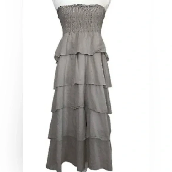 NWOT ELAN Silk & Cotton Tiered Neutral Accordion Smocked MIDI Dress/skirt. Small - Picture 10 of 16